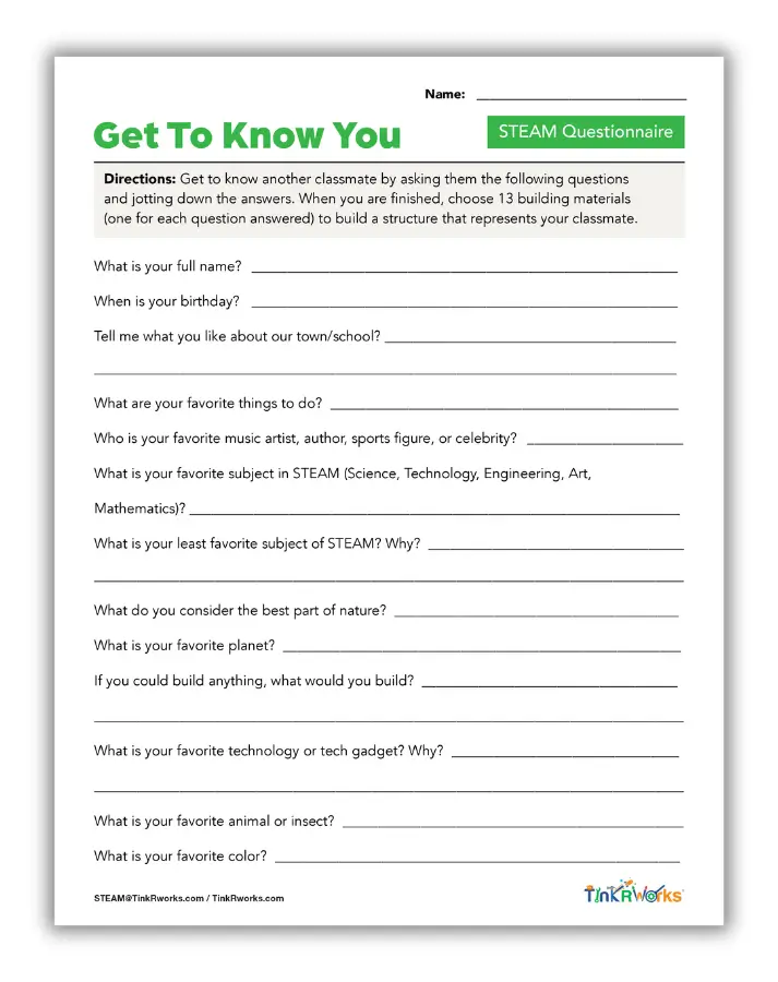 Get to Know You STEAM Activity Worksheet