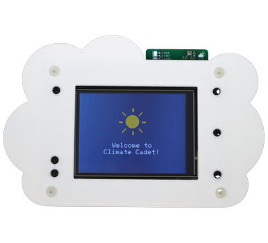 Climate Cadet cloud-shaped weather monitor showing a sun and the words Welcome to Climate Cadet