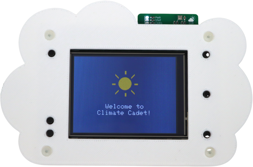 Climate Cadet cloud-shaped weather monitor showing a sun and the words Welcome to Climate Cadet